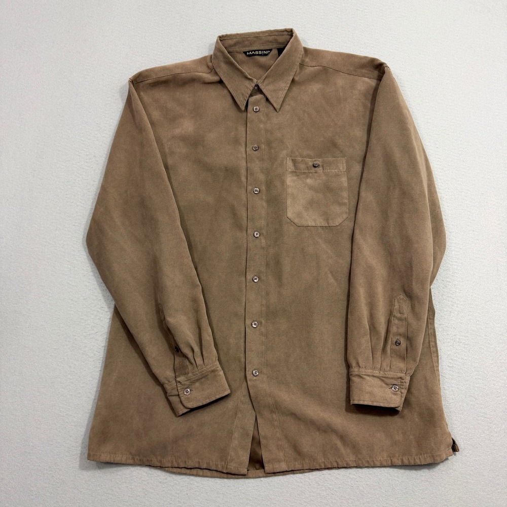 Vintage Massini Button Shirt Mens XL Brown Faux Suede Long Sleeve Solid Casual
